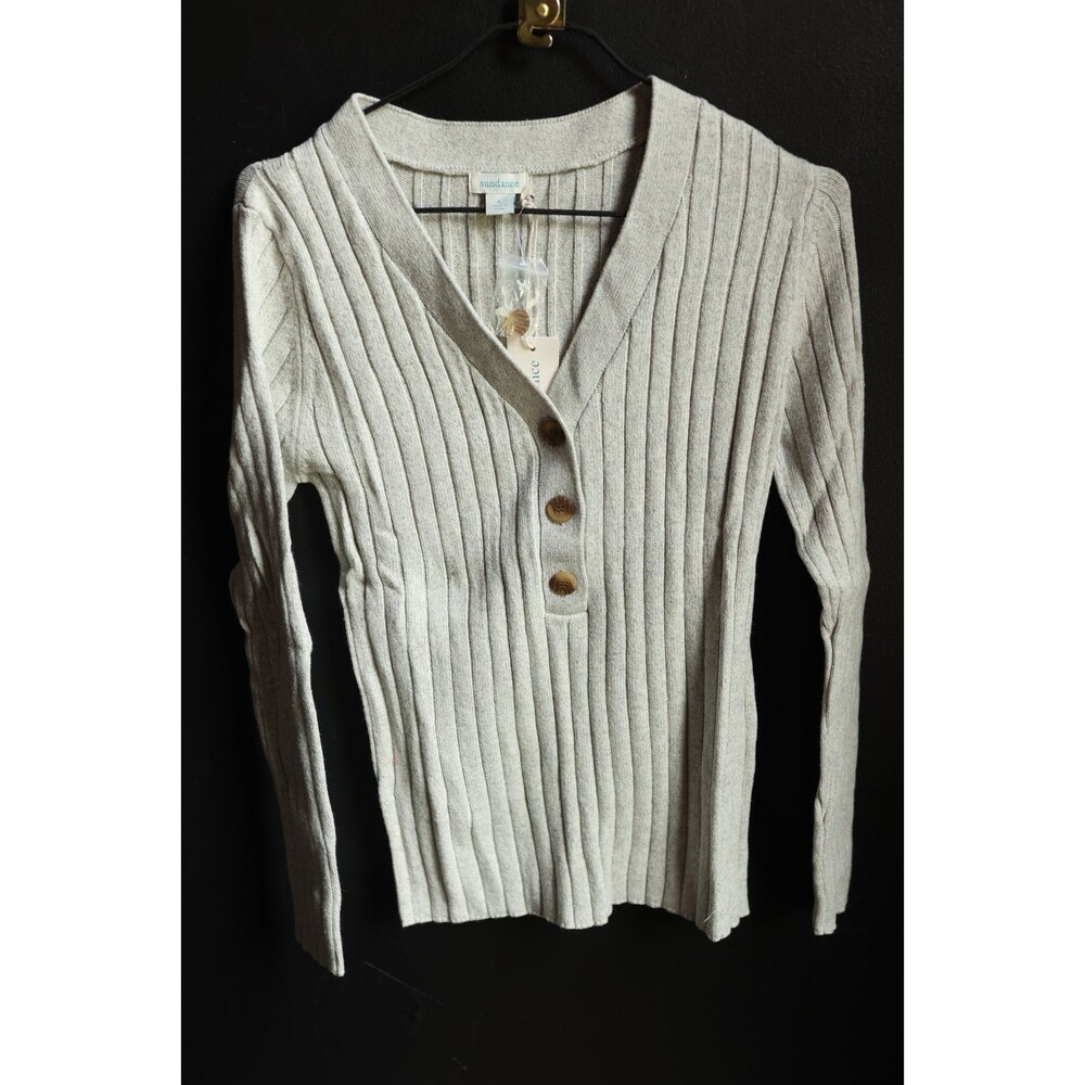 NWT Sundance Modern Wonder Henley Sweater Grey Ribbed Silk Blend Preppy Large